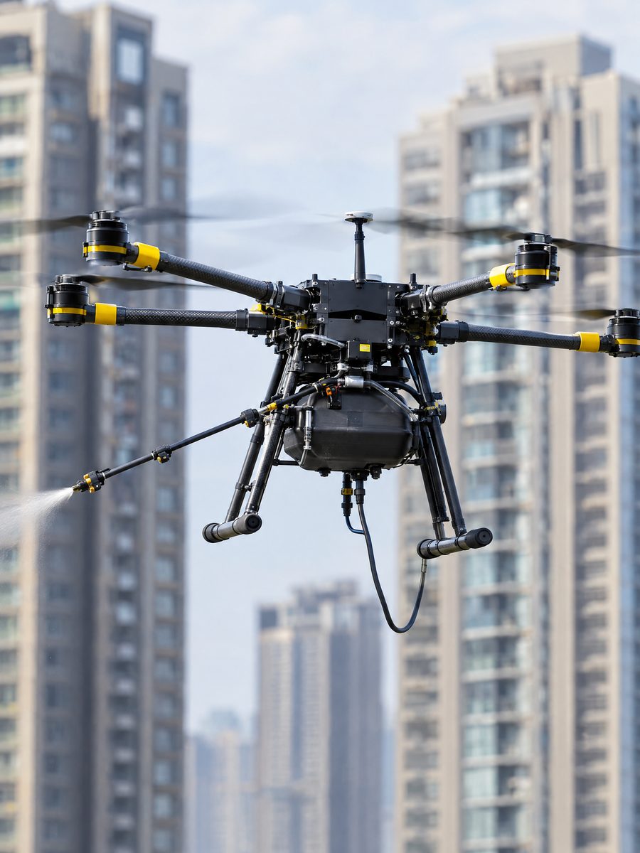 Close-up of a tethered cleaning drone in flight with its spray lance