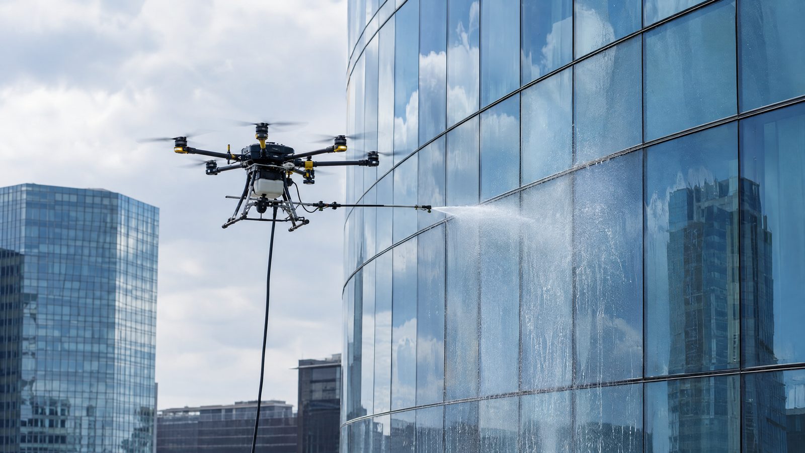Tethered drone spraying water onto a curved glass curtain-wall facade