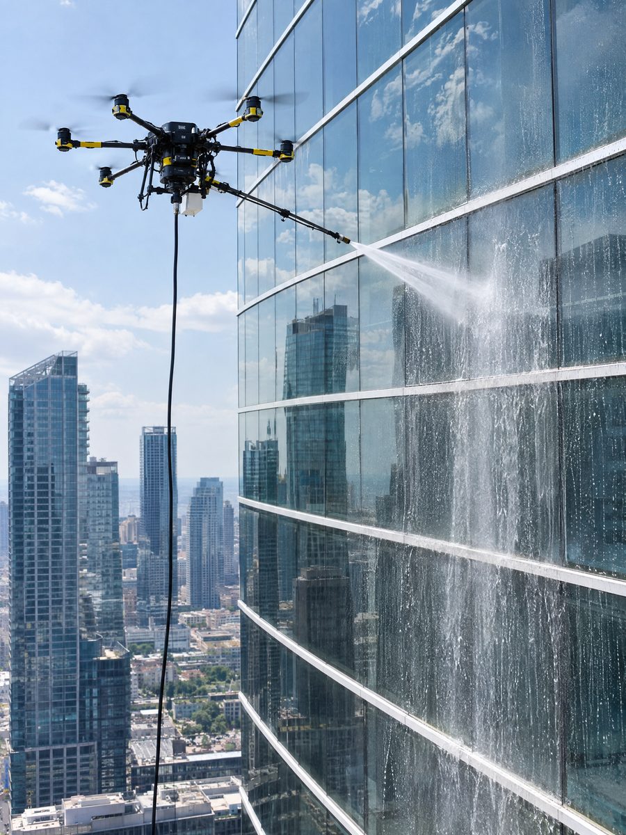 Tethered drone spraying water across the windows of a glass tower