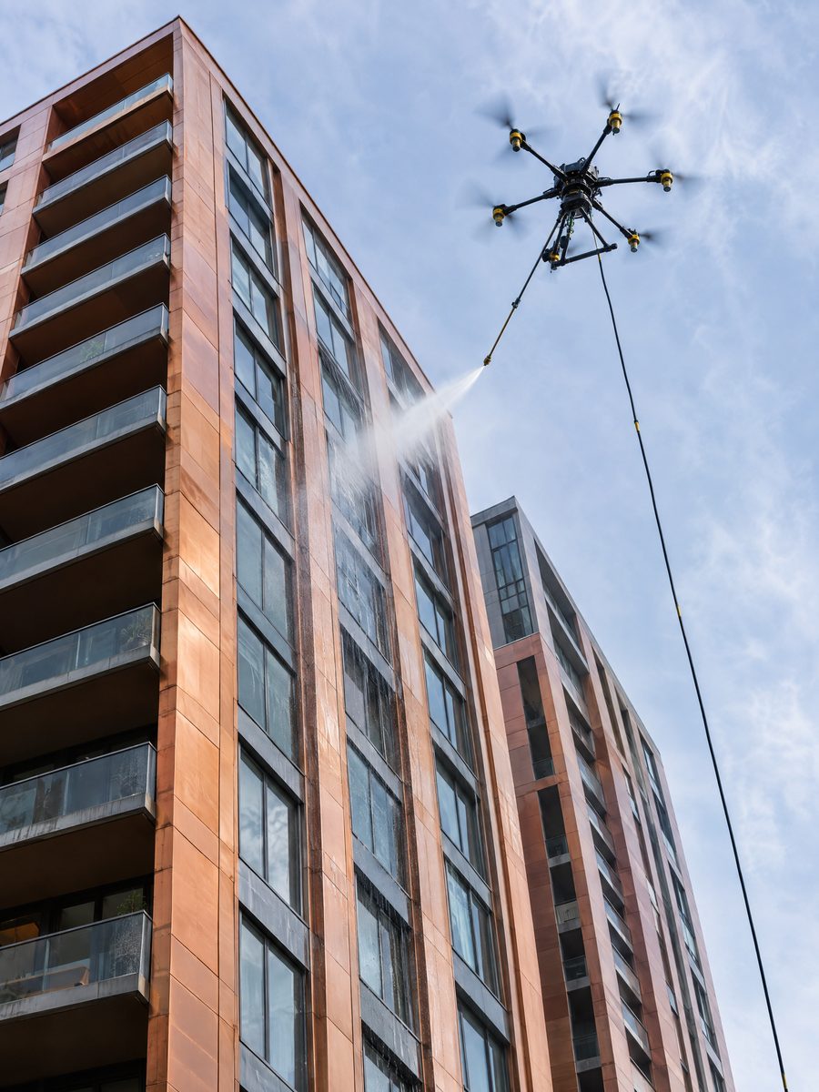 Tethered drone washing the upper floors of a copper-clad high-rise