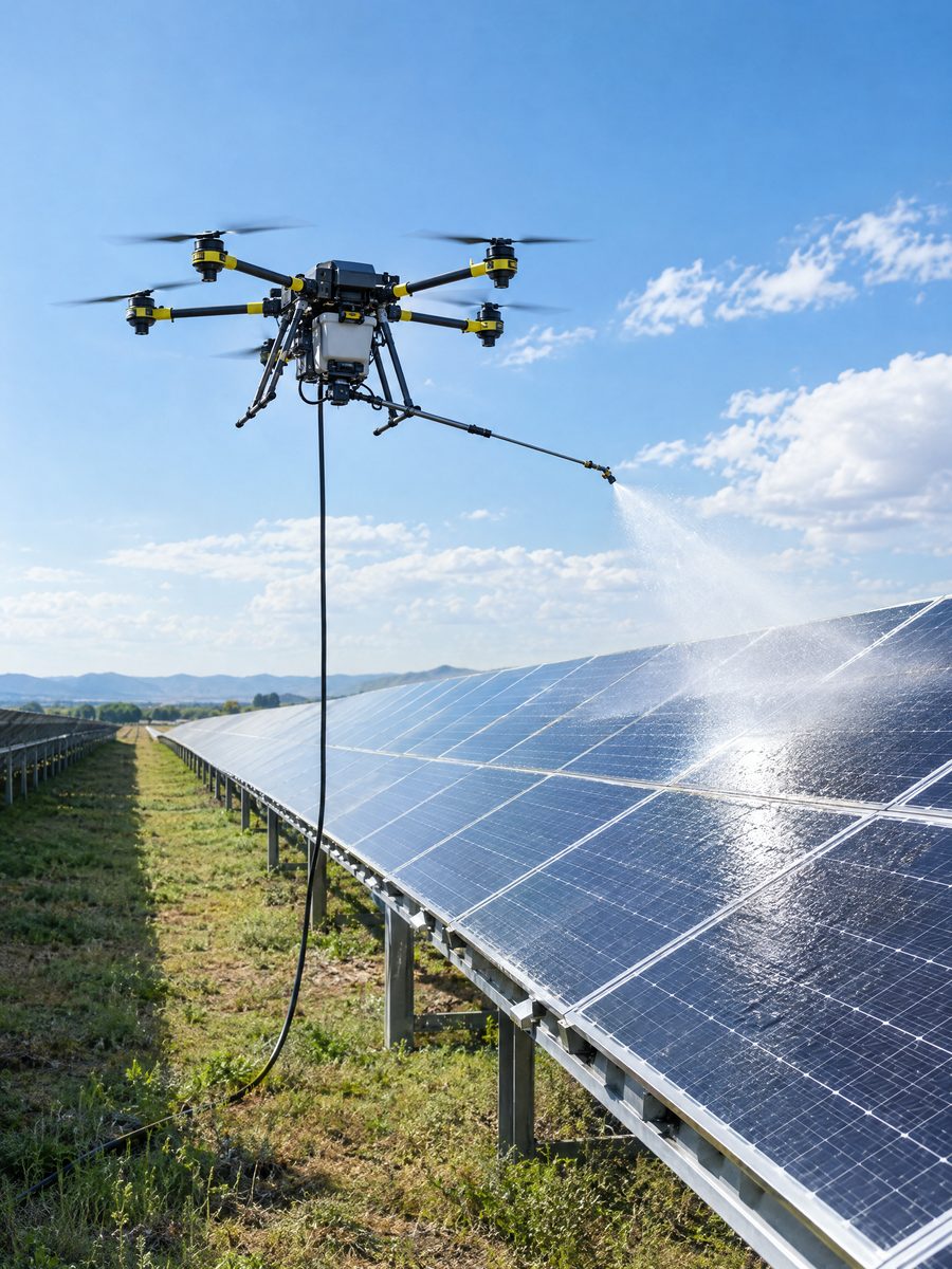 Tethered drone spraying water over a solar panel array