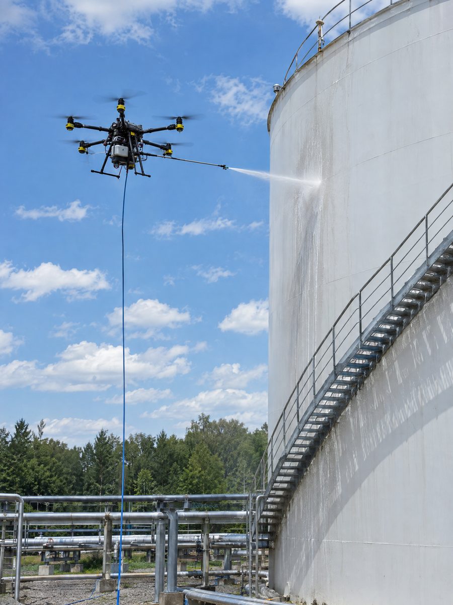 Tethered drone washing a large white industrial storage tank