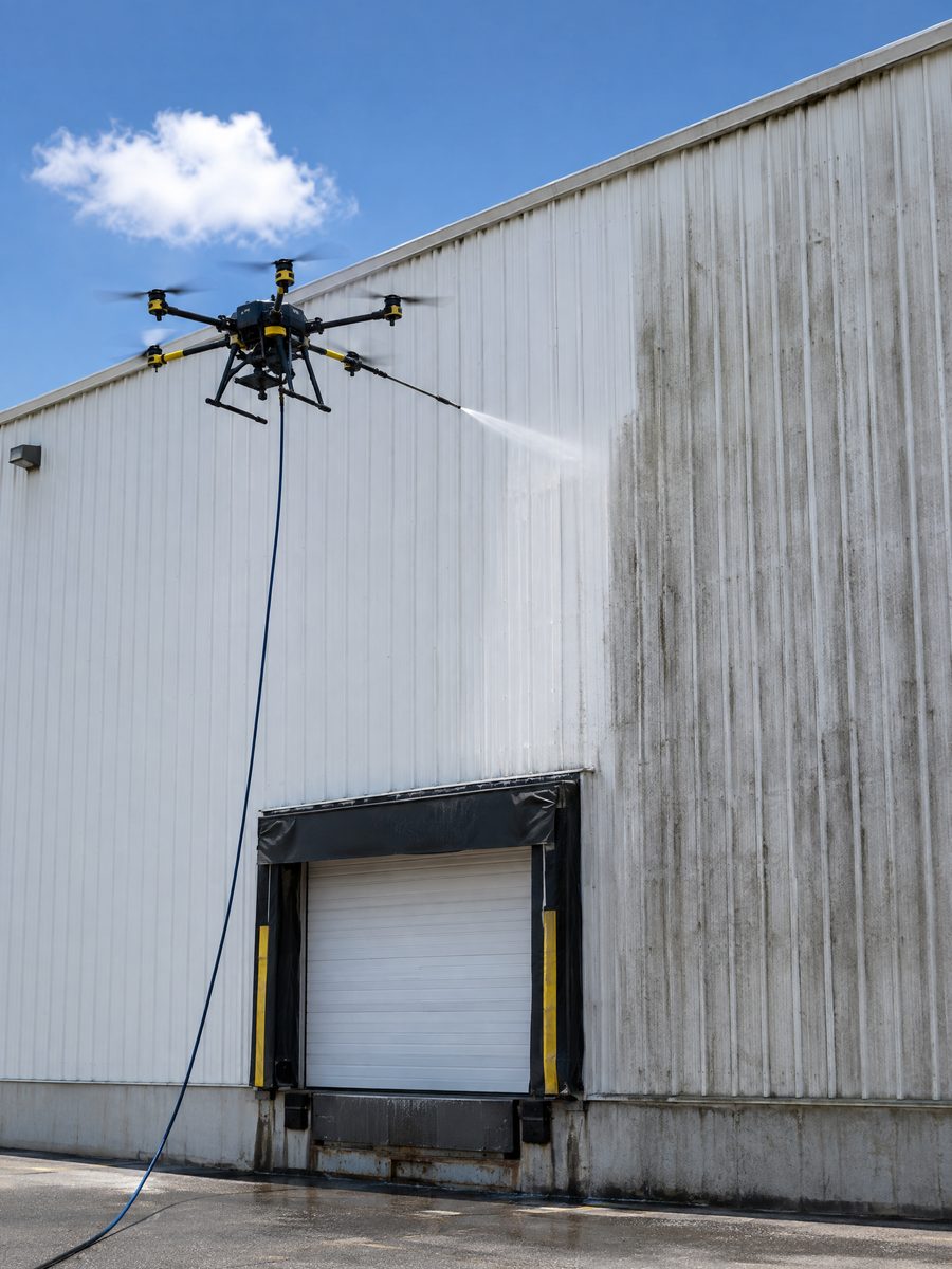 Tethered drone washing grime off a white warehouse wall