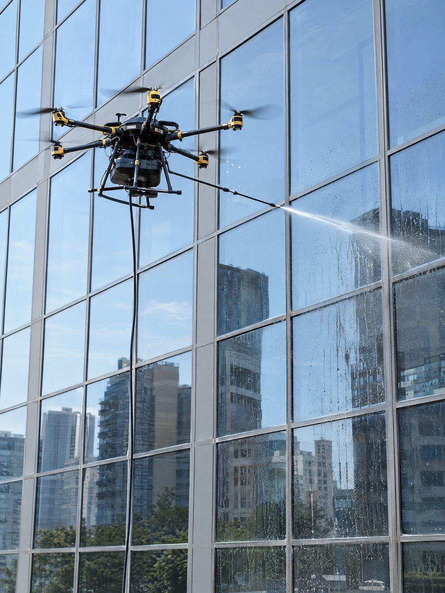 Tethered drone washing the windows of a glass office facade