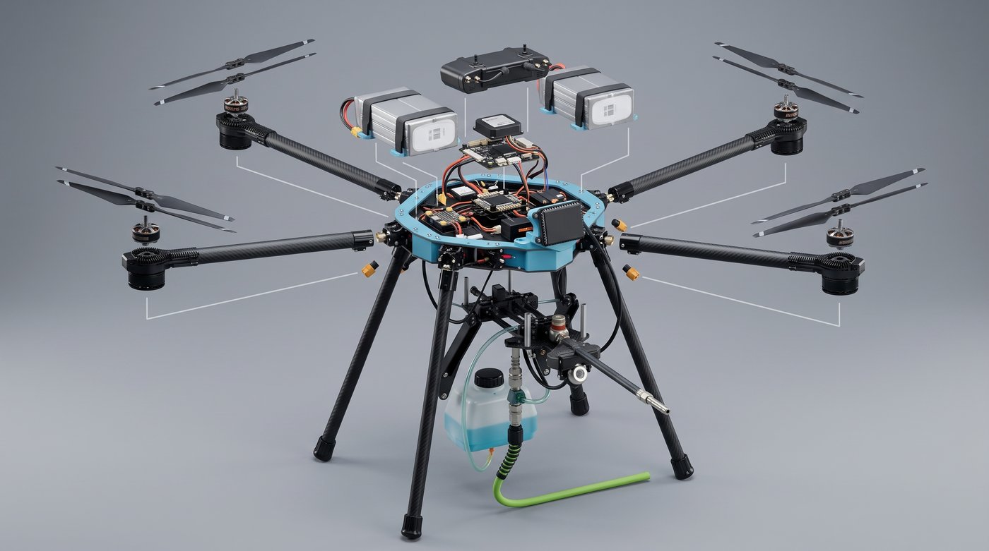 Exploded view of the SpiderJet Sherpa drone showing dual battery packs, flight controller, and remote