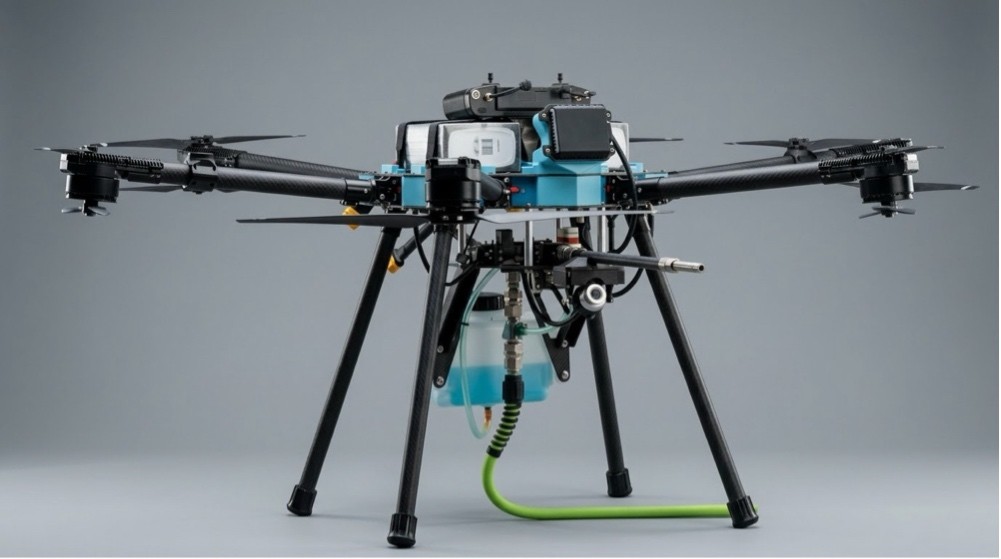 The SpiderJet Sherpa heavy-lift spray drone, fully assembled