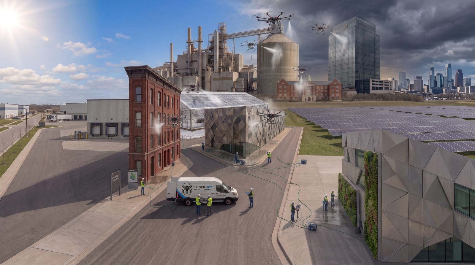 SpiderJet drones cleaning facades, an industrial plant, and rooftop solar panels across a mixed commercial site